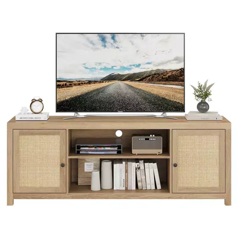 Meuble TV bohème avec 2 portes en rotin pour téléviseurs de 65/75 pouces, Console multimédia de 58/66 pouces