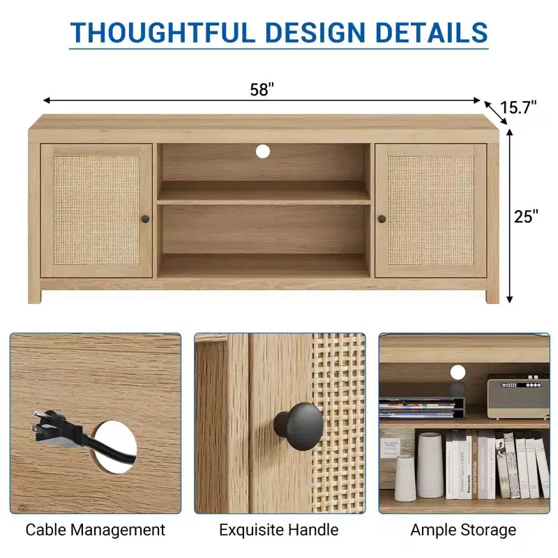 Meuble TV bohème avec 2 portes en rotin pour téléviseurs de 65/75 pouces, Console multimédia de 58/66 pouces