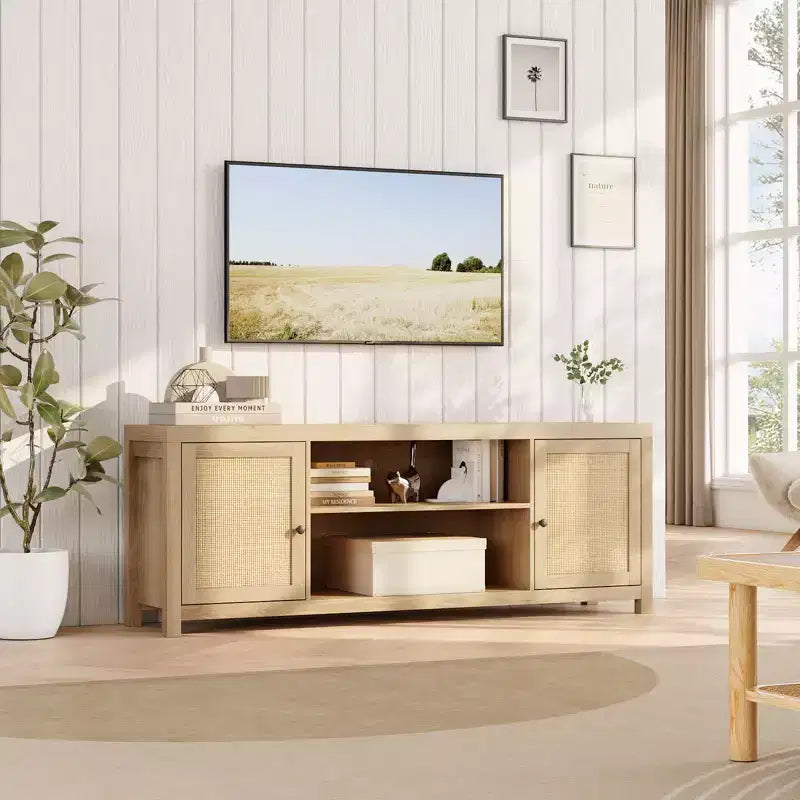 Meuble TV bohème avec 2 portes en rotin pour téléviseurs de 65/75 pouces, Console multimédia de 58/66 pouces