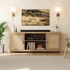 Meuble TV bohème avec 2 portes en rotin pour téléviseurs de 65/75 pouces, Console multimédia de 58/66 pouces