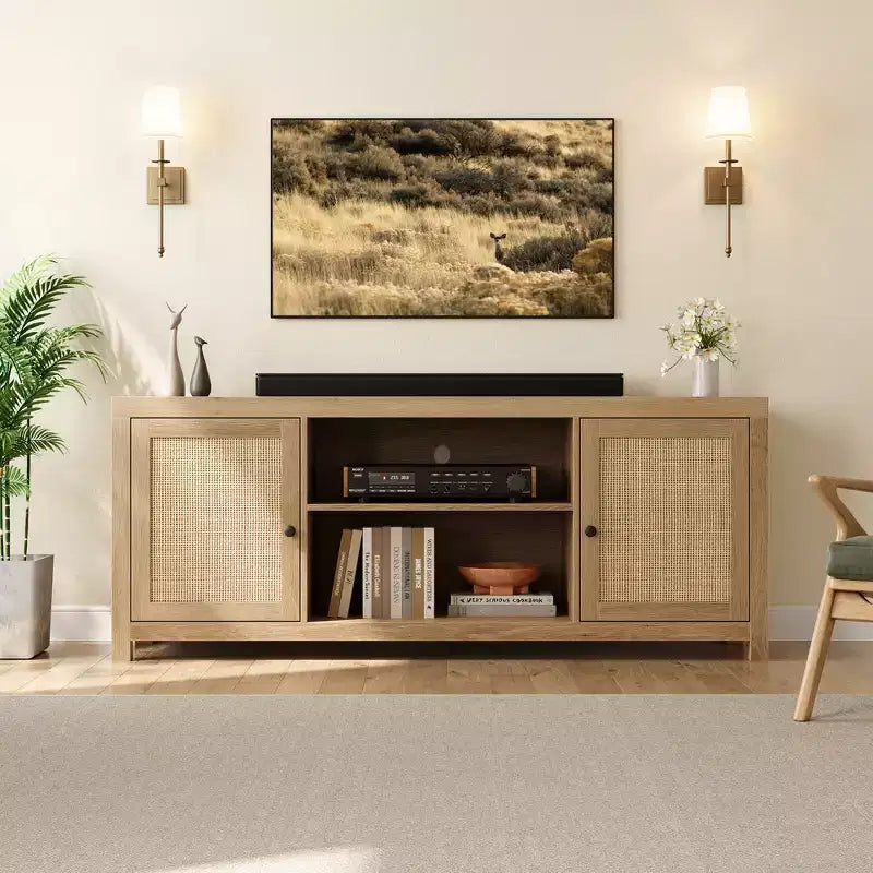 Meuble TV bohème avec 2 portes en rotin pour téléviseurs de 65/75 pouces, Console multimédia de 58/66 pouces