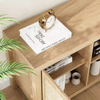 Meuble TV bohème avec 2 portes en rotin pour téléviseurs de 65/75 pouces, Console multimédia de 58/66 pouces
