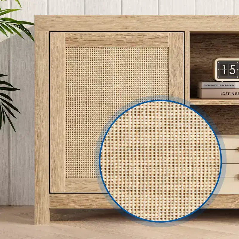Meuble TV bohème avec 2 portes en rotin pour téléviseurs de 65/75 pouces, Console multimédia de 58/66 pouces