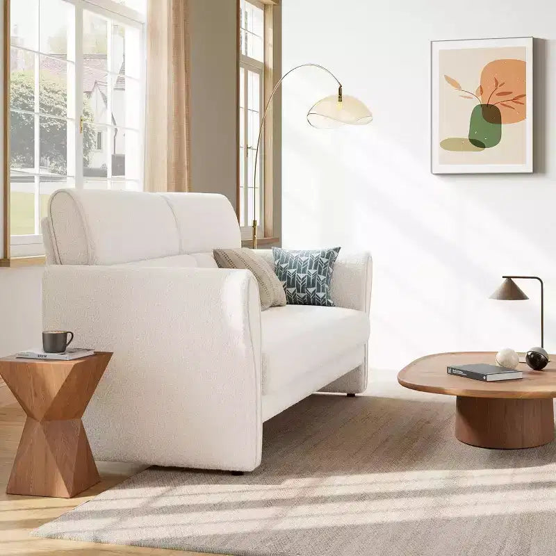 Causeuse rembourrée en bouclette moderne de 145 cm avec oreiller lombaire, canapé 2 places à assise profonde pour petits espaces et appartements, beige