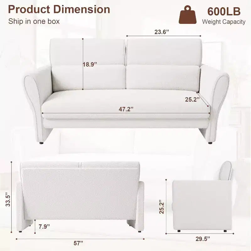 Causeuse rembourrée en bouclette moderne de 145 cm avec oreiller lombaire, canapé 2 places à assise profonde pour petits espaces et appartements, beige