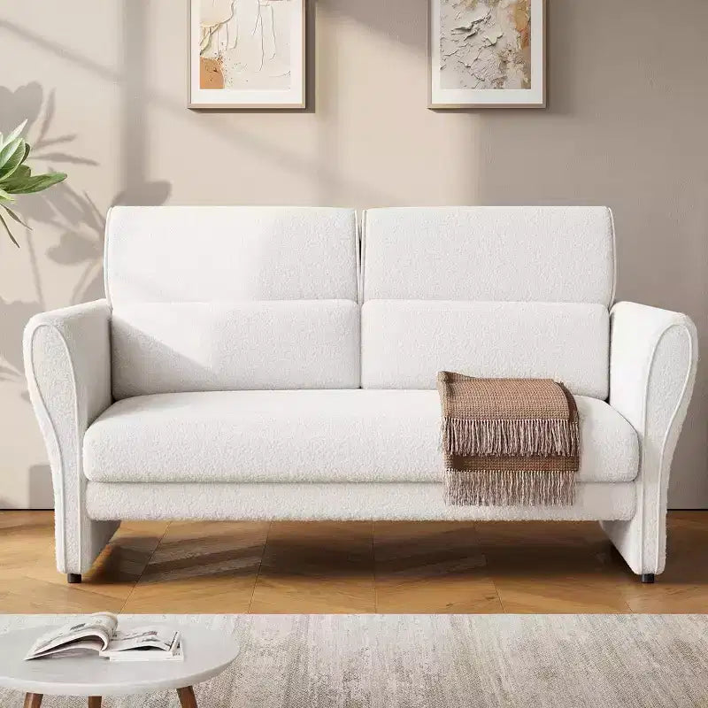 Causeuse rembourrée en bouclette moderne de 145 cm avec oreiller lombaire, canapé 2 places à assise profonde pour petits espaces et appartements, beige