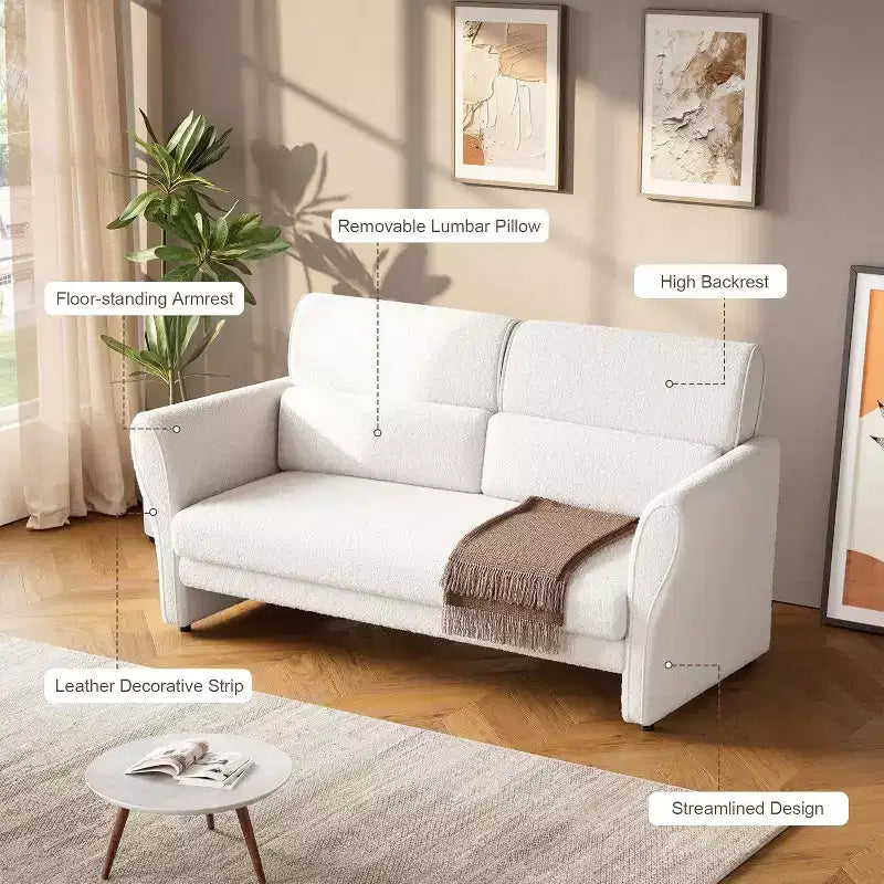 Causeuse rembourrée en bouclette moderne de 145 cm avec oreiller lombaire, canapé 2 places à assise profonde pour petits espaces et appartements, beige