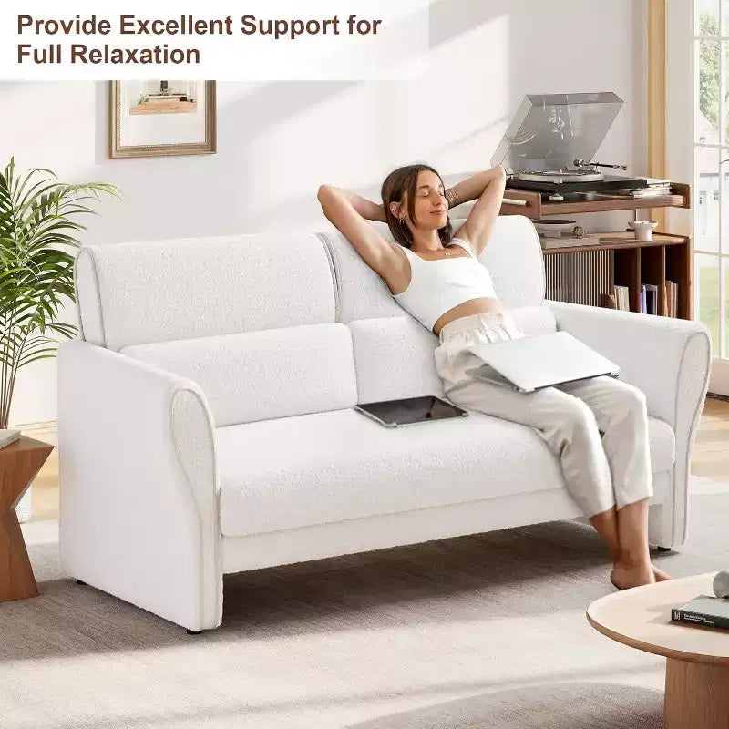 Causeuse rembourrée en bouclette moderne de 145 cm avec oreiller lombaire, canapé 2 places à assise profonde pour petits espaces et appartements, beige
