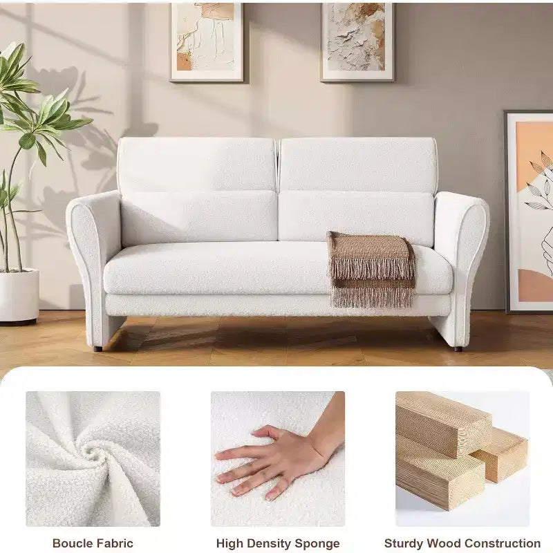Causeuse rembourrée en bouclette moderne de 145 cm avec oreiller lombaire, canapé 2 places à assise profonde pour petits espaces et appartements, beige