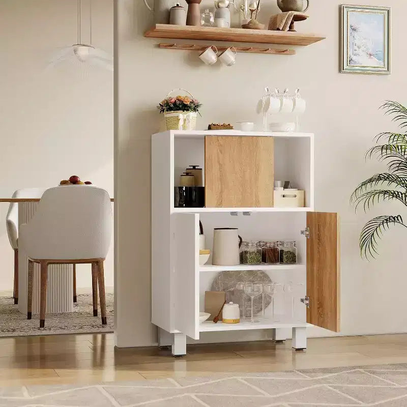 Acekool Modern Wooden Storage Cabinet with Sliding Doors, Adjustable Shelves, Floor Sideboard for Bathroom, Living Room & Small Spaces