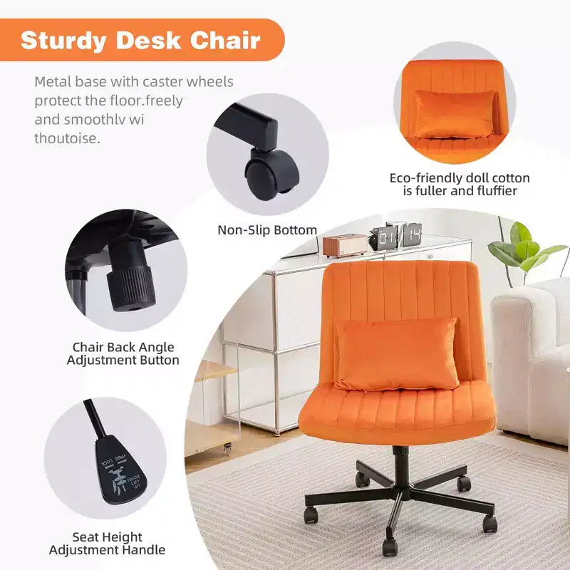 Chaise de bureau moderne sans accoudoirs réglable avec pieds entrecroisés, chaise pivotante en velours/lin pour bureau, étude, studio