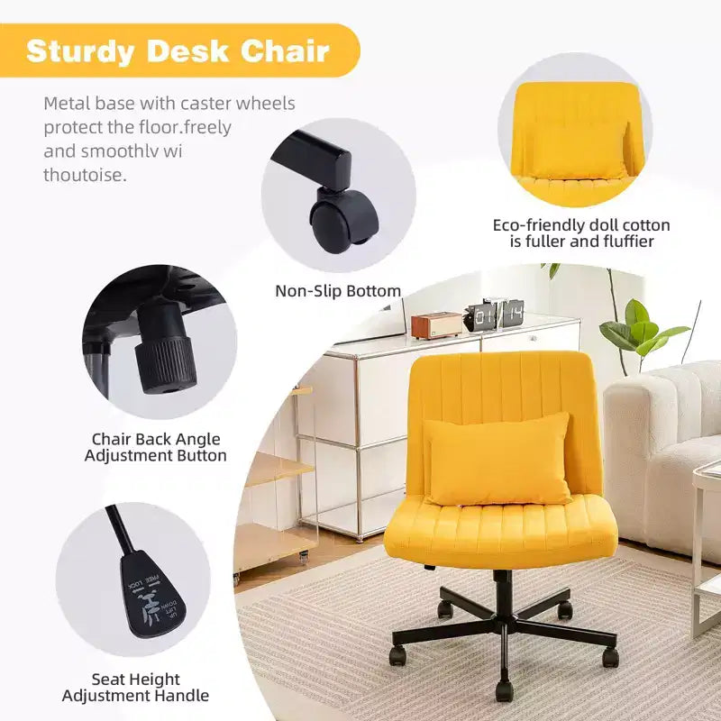 Chaise de bureau moderne sans accoudoirs réglable avec pieds entrecroisés, chaise pivotante en velours/lin pour bureau, étude, studio