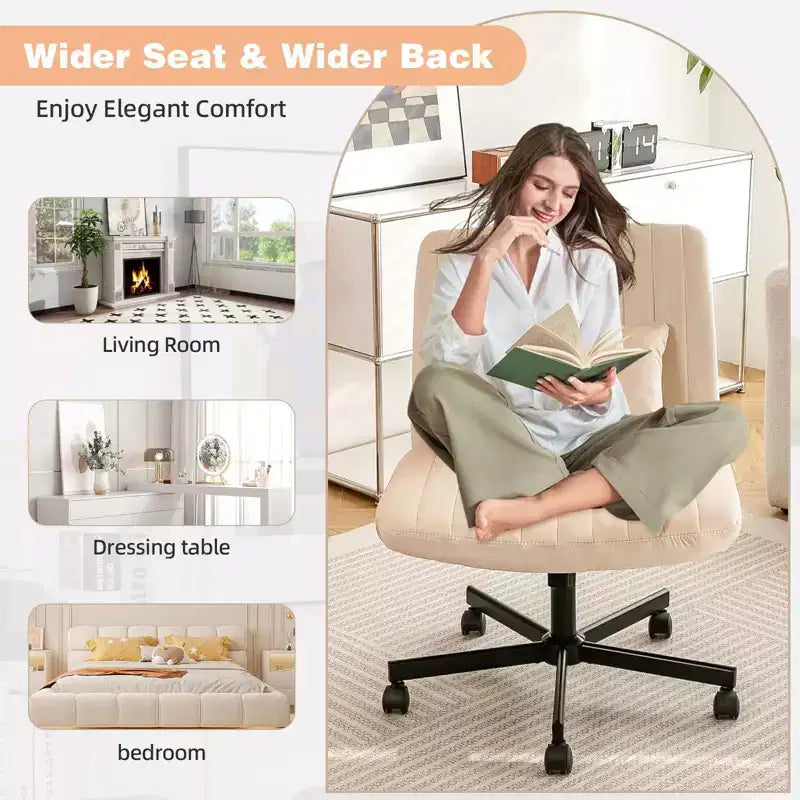 Chaise de bureau moderne sans accoudoirs réglable avec pieds entrecroisés, chaise pivotante en velours/lin pour bureau, étude, studio