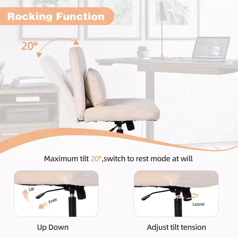 Chaise de bureau moderne sans accoudoirs réglable avec pieds entrecroisés, chaise pivotante en velours/lin pour bureau, étude, studio