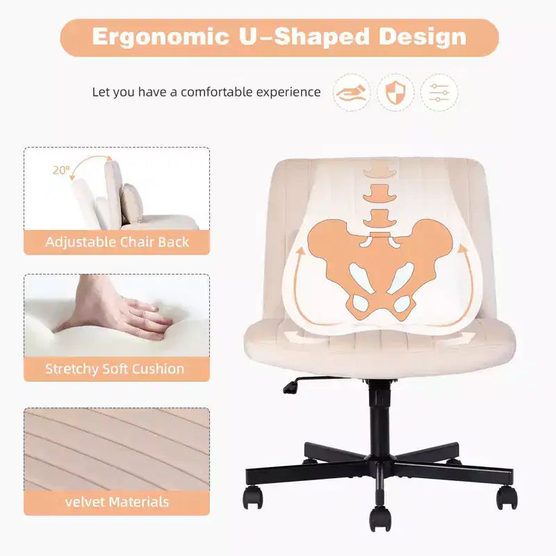 Chaise de bureau moderne sans accoudoirs réglable avec pieds entrecroisés, chaise pivotante en velours/lin pour bureau, étude, studio