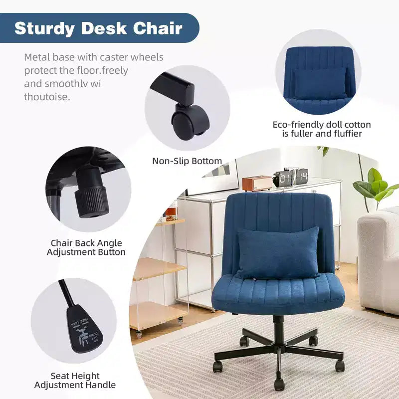 Chaise de bureau moderne sans accoudoirs réglable avec pieds entrecroisés, chaise pivotante en velours/lin pour bureau, étude, studio