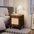 2Pcs Rattan End Table, Modern Farmhouse Nightstand with Storage Cabinet, Bedside Table, Rustic Couch Side Table for Living Room Bedroom, Brown+Black