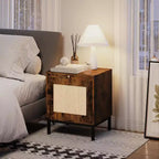 2Pcs Rattan End Table, Modern Farmhouse Nightstand with Storage Cabinet, Bedside Table, Rustic Couch Side Table for Living Room Bedroom, Brown+Black
