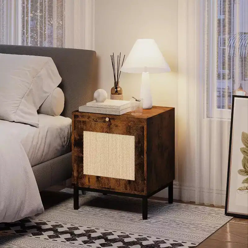 2Pcs Rattan End Table, Modern Farmhouse Nightstand with Storage Cabinet, Bedside Table, Rustic Couch Side Table for Living Room Bedroom, Brown+Black