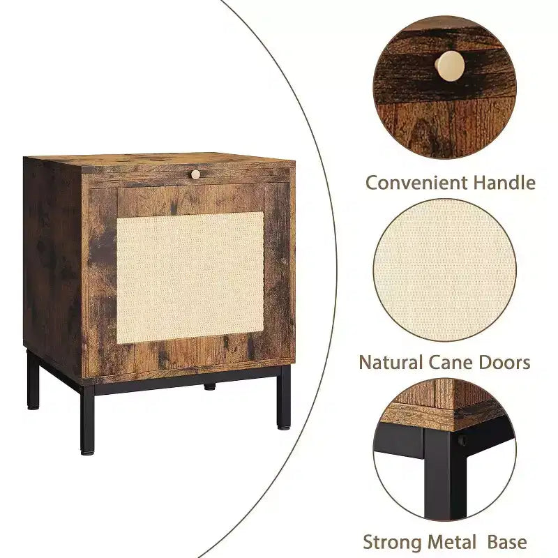 2 tables d'appoint en rotin, table de chevet moderne de style ferme avec armoire de rangement, table de chevet, table d'appoint rustique pour canapé pour salon et chambre à coucher, marron + noir