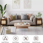 2 tables d'appoint en rotin, table de chevet moderne de style ferme avec armoire de rangement, table de chevet, table d'appoint rustique pour canapé pour salon et chambre à coucher, marron + noir