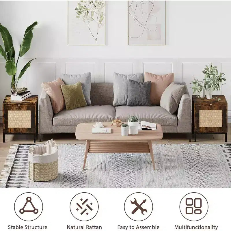 2 tables d'appoint en rotin, table de chevet moderne de style ferme avec armoire de rangement, table de chevet, table d'appoint rustique pour canapé pour salon et chambre à coucher, marron + noir