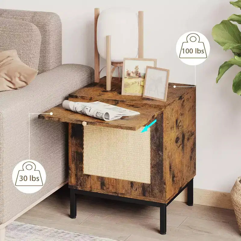 2 tables d'appoint en rotin, table de chevet moderne de style ferme avec armoire de rangement, table de chevet, table d'appoint rustique pour canapé pour salon et chambre à coucher, marron + noir
