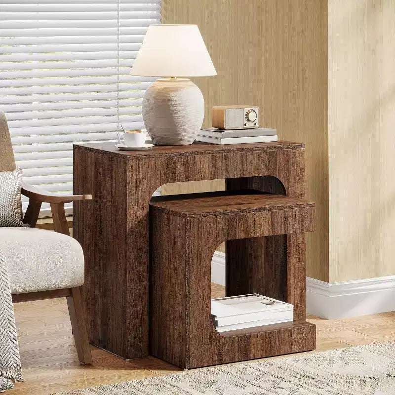 Lantine Nesting End Table Set, Walnut Side Table for Living Room, Night Stand Set for Bedroom, Small Spaces, Brown