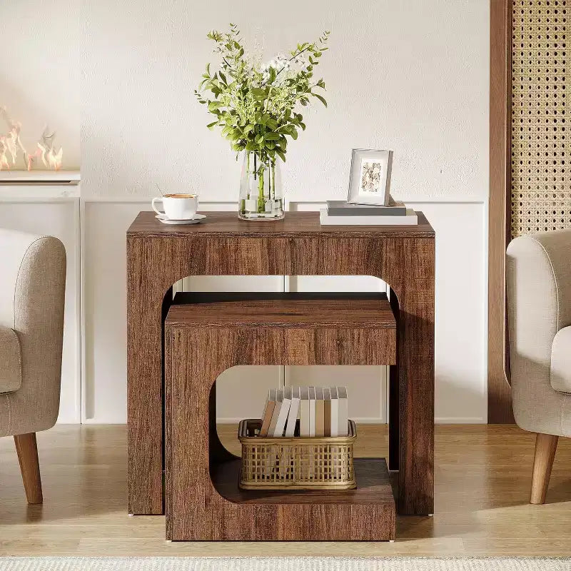 Tables gigognes, table d'appoint en noyer pour salon, tables de chevet pour chambre, petits espaces, marron
