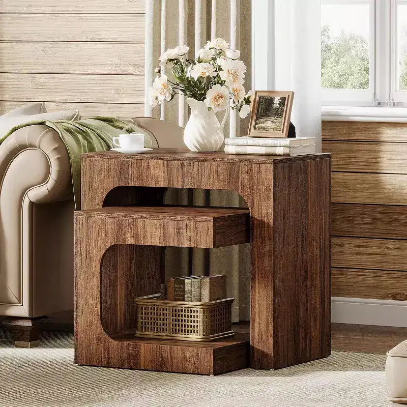 Tables gigognes, table d'appoint en noyer pour salon, tables de chevet pour chambre, petits espaces, marron