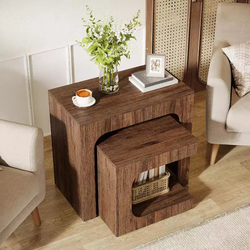 Tables gigognes, table d'appoint en noyer pour salon, tables de chevet pour chambre, petits espaces, marron