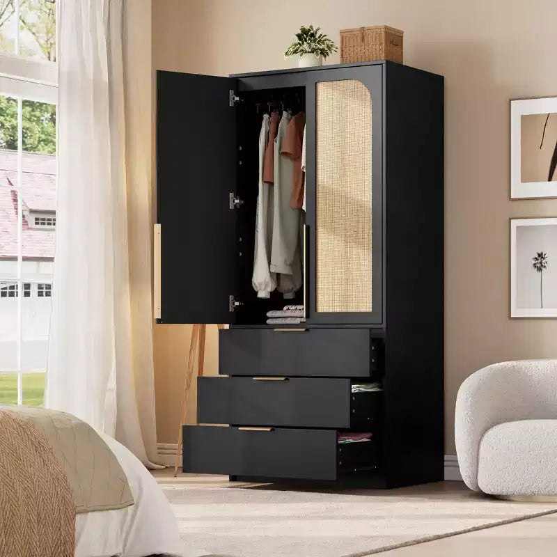 GustoWave Rattan Armoire Wardrobe Closet with 3 Drawers and 2 Doors, Modern Wooden Wardrobe Cabinets, Tall Standing Bedroom Armoires, Heavy Duty