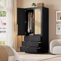 GustoWave Rattan Armoire Wardrobe Closet with 3 Drawers and 2 Doors, Modern Wooden Wardrobe Cabinets, Tall Standing Bedroom Armoires, Heavy Duty
