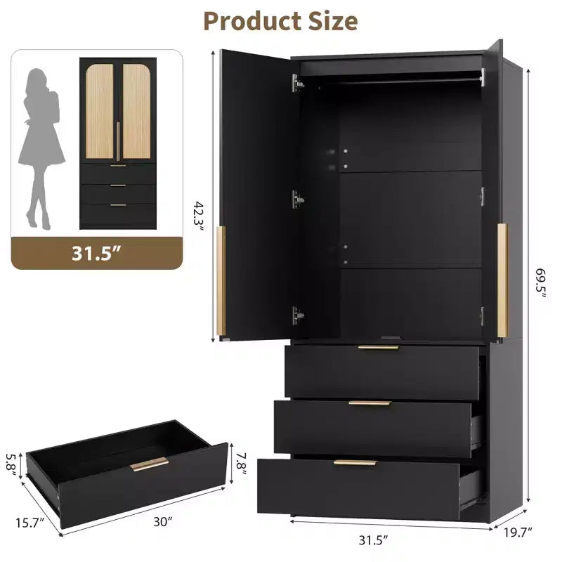 Armoire penderie en rotin avec 3 tiroirs et 2 portes, armoires de rangement modernes en bois, grandes armoires de chambre à coucher, robustes