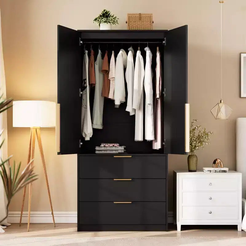 Armoire penderie en rotin avec 3 tiroirs et 2 portes, armoires de rangement modernes en bois, grandes armoires de chambre à coucher, robustes