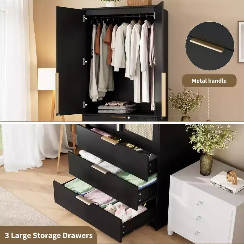 Armoire penderie en rotin avec 3 tiroirs et 2 portes, armoires de rangement modernes en bois, grandes armoires de chambre à coucher, robustes