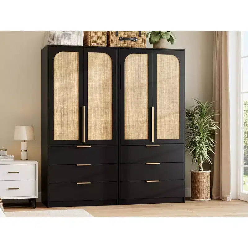 Armoire penderie en rotin avec 3 tiroirs et 2 portes, armoires de rangement modernes en bois, grandes armoires de chambre à coucher, robustes
