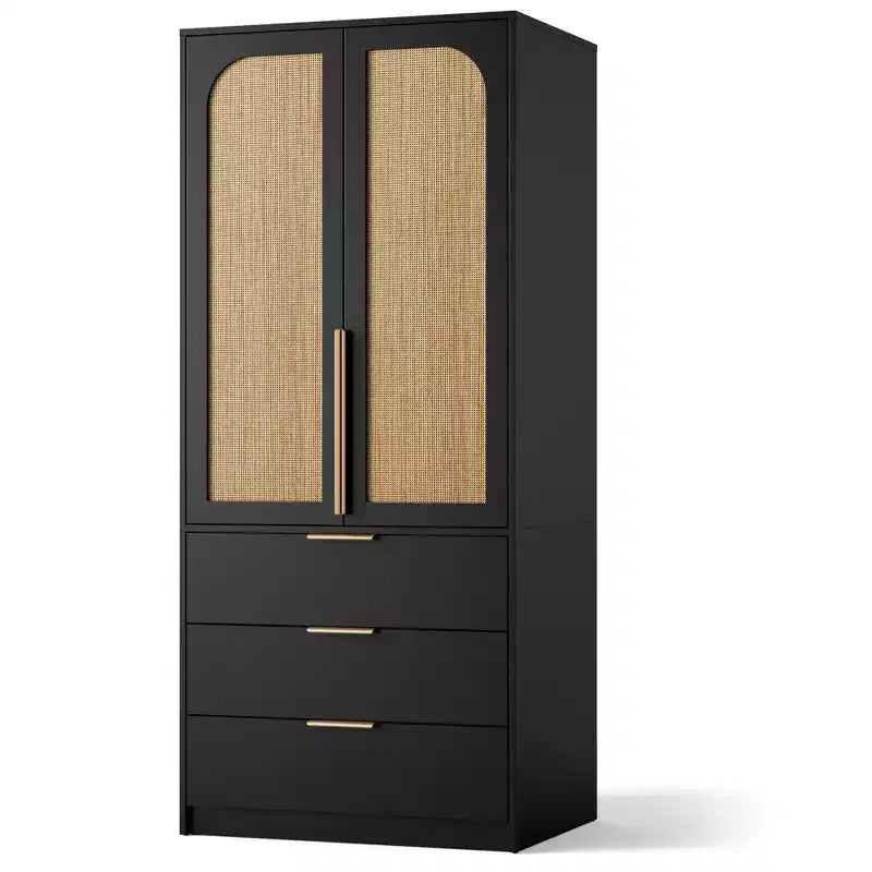 Armoire penderie en rotin avec 3 tiroirs et 2 portes, armoires de rangement modernes en bois, grandes armoires de chambre à coucher, robustes