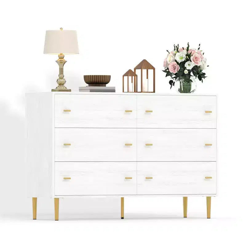 Commode de chambre à 6 tiroirs style ferme, commode large de 120 cm en bois blanc rustique