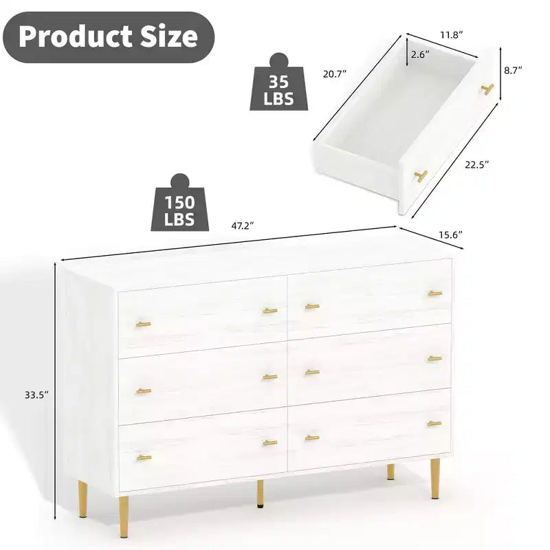 Commode de chambre à 6 tiroirs style ferme, commode large de 120 cm en bois blanc rustique