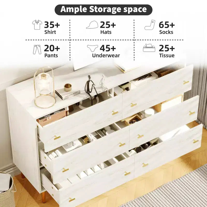 Commode de chambre à 6 tiroirs style ferme, commode large de 120 cm en bois blanc rustique