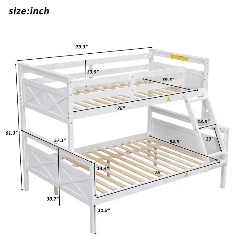 Lits superposés jumeaux sur lits doubles avec garde-corps haut, tête de lit et large échelle, convertibles en 2 lits plateforme simples, blancs