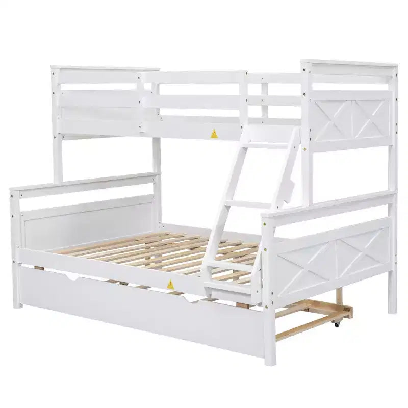 Lits superposés jumeaux sur lits doubles avec garde-corps haut, tête de lit et large échelle, convertibles en 2 lits plateforme simples, blancs
