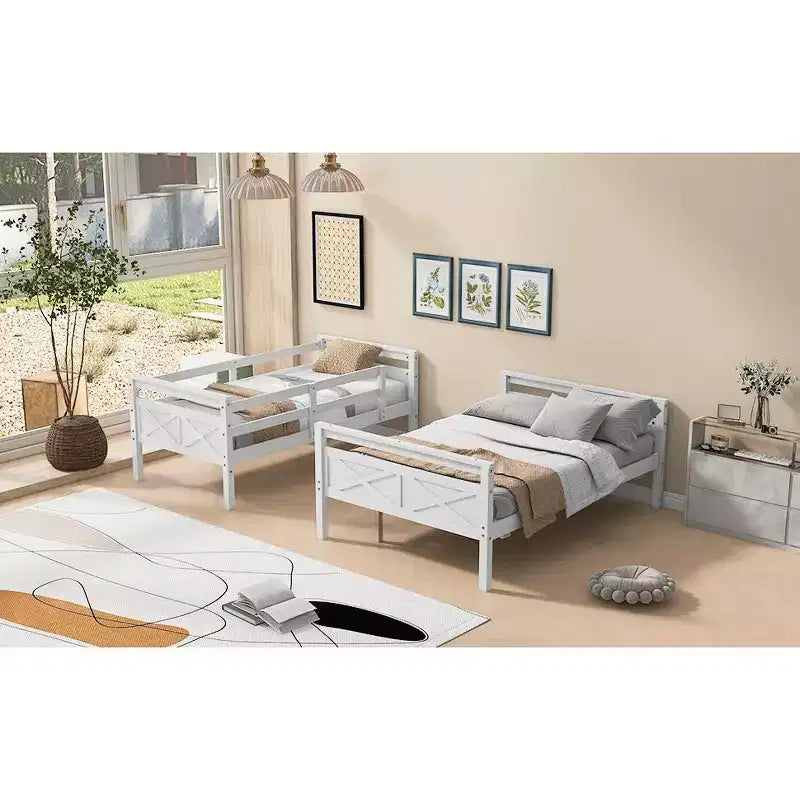Lits superposés jumeaux sur lits doubles avec garde-corps haut, tête de lit et large échelle, convertibles en 2 lits plateforme simples, blancs