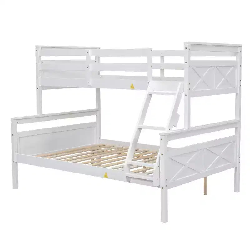 Lits superposés jumeaux sur lits doubles avec garde-corps haut, tête de lit et large échelle, convertibles en 2 lits plateforme simples, blancs