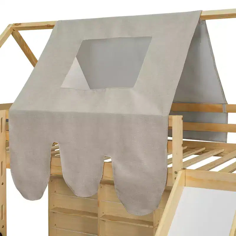 Lit mezzanine bas pour enfants avec toboggan et étagères de rangement, cadre de lit mezzanine en bois avec tente et escaliers