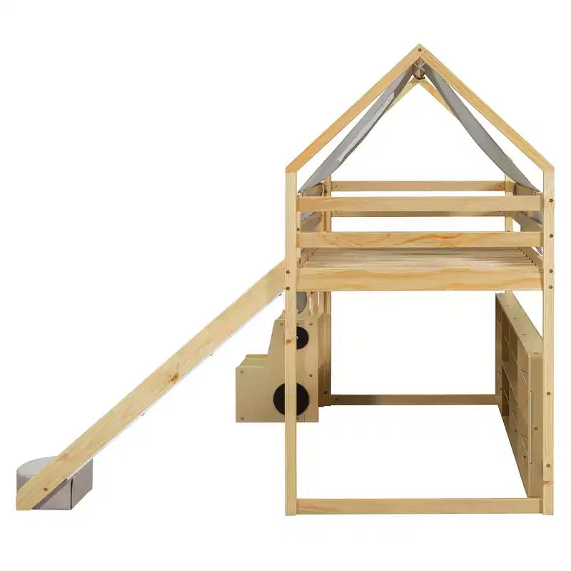 Lit mezzanine bas pour enfants avec toboggan et étagères de rangement, cadre de lit mezzanine en bois avec tente et escaliers