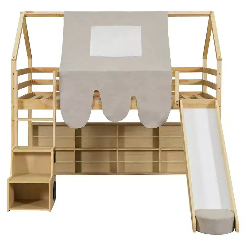 Lit mezzanine bas pour enfants avec toboggan et étagères de rangement, cadre de lit mezzanine en bois avec tente et escaliers