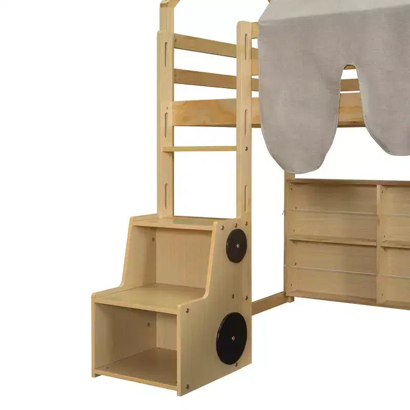 Lit mezzanine bas pour enfants avec toboggan et étagères de rangement, cadre de lit mezzanine en bois avec tente et escaliers