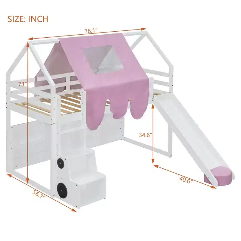 Lit mezzanine bas pour enfants avec toboggan et étagères de rangement, cadre de lit mezzanine en bois avec tente et escaliers